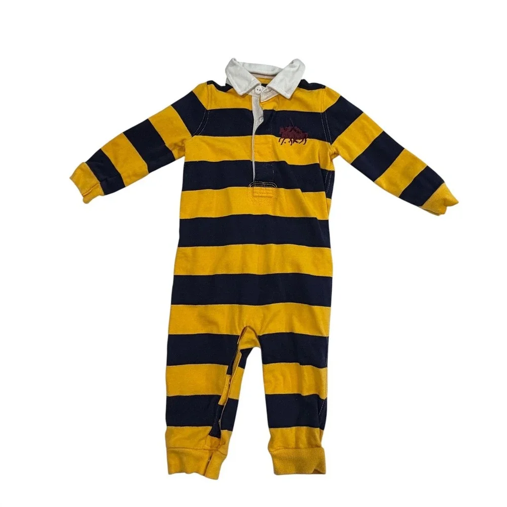 Ralph Lauren Kids Yellow Navy Striped Rugby Romper 6M Preppy Cotton One Piece